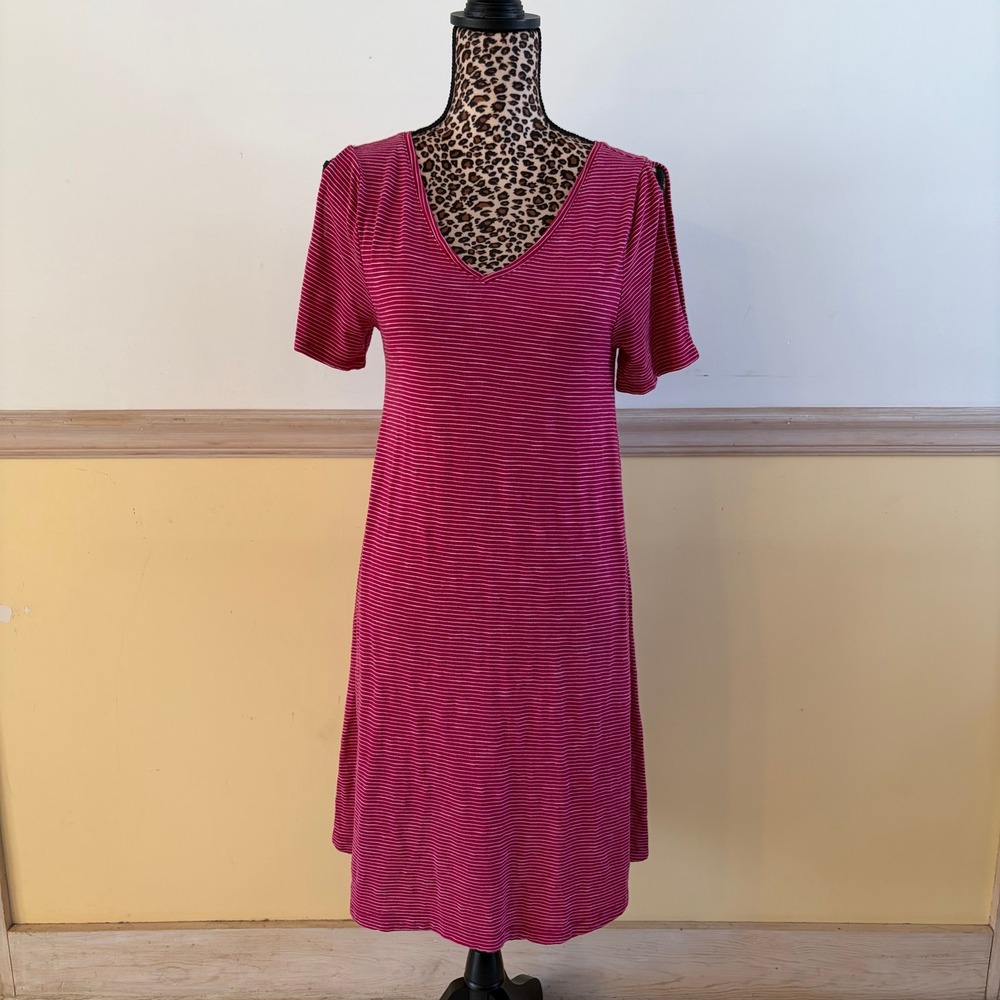 Apt 9 Womens Small Red Dark Pink Striped Cold Shoulder V-Neck T-Shirt Dress